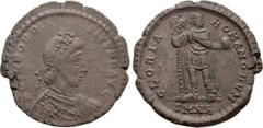 Roman Imperial Coins THEODOSIUS I (379-395). Follis. Nicomedia. Obv: D N THEODOSIVS P F AVG. Diademed, draped and cuirassed bust right. Rev: GLORIA ROMANORVM / SMNA. Emperor standing facing, head righ