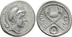Celtic Coins EASTERN EUROPE. Imitations of Roman Republican. Eravisci (After 48 BC). Denarius. Imitating Albinus Bruti F. Obv: Helmeted head of Mars right. Rev: BRVTI F LBIS (sic). Two Gaulish trumpet