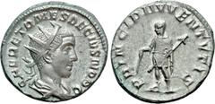 Roman Imperial Coins HERENNIUS ETRUSCUS (Caesar, 249-251). Antoninianus. Rome. Obv: Q HER ETR MES DECIVS NOB C. Radiate and draped bust right. Rev: PRINCIPI IVVENTVTIS. Herennius Etruscus standing lef