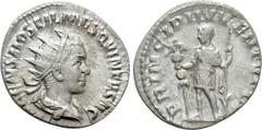 Roman Imperial Coins HOSTILIAN (Caesar, 250-251). Antoninianus. Rome. Obv: C VALENS HOSTIL MES QVINTVS N C. Radiate and draped bust right. Rev: PRINCIPI IVVENTVTIS. Emperor standing facing, head left,