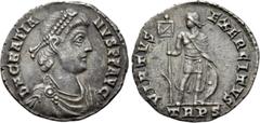 Roman Imperial Coins GRATIAN (367-383). Light Miliarense. Treveri. Obv: DN GRATIANVS PF AVG. Diademed, draped and cuirassed bust right. Rev: VIRTVS EXERCITVS / TRPS. Emperor standing left in military 