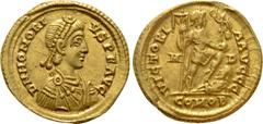Roman Imperial Coins HONORIUS (393-423). GOLD Solidus. Mediolanum. Obv: D N HONORIVS P F AVG. Diademed, draped and cuirassed bust right. Rev: VICTORIA AVGGG / M - D / COMOB. Honorius standing right, w