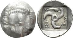 Greek Coins DYNASTS OF LYCIA. Mithrapata (Circa 390-370 BC). Diobol. Obv: Facing scalp of lion. Rev: MEΘPA. Triskeles. Control: Dolphin; all within incuse square. Müseler VII, 76-7 var. (legend). Cond