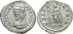 Roman Imperial Coins PLAUTILLA (Augusta, 202-205). Denarius. Rome. Obv: PLAVTILLA AVGVSTA. Draped bust right. Rev: VENVS VICTRIX. Venus standing left, holding apple and palm frond, and resting elbow u
