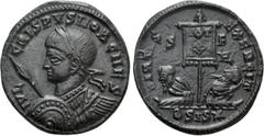 Roman Imperial Coins CRISPUS (316-326). Follis. Siscia. Obv: IVL CRISPVS NOB CAES. Laureate and cuirassed bust left, holding spear and shield. Rev: VIRTVS EXERCIT / S F HL / BSIS (star). Two captives 
