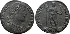 Roman Imperial Coins JOVIAN (363-364). Ae. Constantinople. Obv: D N IOVIANVS P F AVG. Laurel and rosette-diademed, draped and cuirassed bust right. Rev: VICTORIA ROMANORVM / CONSPΔ. Jovian standing fa