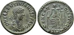 Roman Imperial Coins VALENTINIAN II (364-375). Ae. Siscia. Obv: D N VALENTINIANVS P F AVG. Diademed, draped and cuirassed bust right. Rev: CONCORDIA AVGGG / B SISC. Roma seated facing, head left, hold
