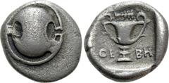 Greek Coins BOEOTIA. Thebes. Hemidrachm (Circa 425-375 BC). Obv: Boeotian shield. Rev: ΘΕ - ΒΗ. Kantharos; above, club right; all within incuse square. BCD Boiotia 408-12; HGC 4, 1348. Condition: Very