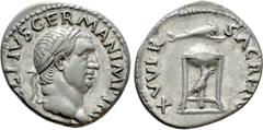 Roman Imperial Coins VITELLIUS (69). Denarius. Rome. Obv: A VITELLIVS GERMAN IMP TR P. Laureate head right. Rev: XV VIR SACR FAC. Tripod surmounted by dolphin right; below, raven standing right. RIC² 