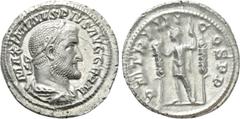 Roman Imperial Coins MAXIMINUS THRAX (235-238). Denarius. Rome. Obv: MAXIMINVS PIVS AVG GERM. Laureate, draped and cuirassed bust right. Rev: P M TR P III COS P P. Emperor standing left with spear, fl