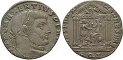 Roman Imperial Coins MAXENTIUS (307-312). Follis. Aquileia. Obv: IMP C MAXENTIVS P F AVG. Laureate head right. Rev: CONSERV VRB SVAE / AQ Γ. Roma seated left on shield, holding spear and presenting gl