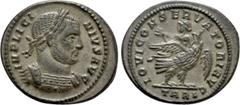 Roman Imperial Coins LICINIUS I (308-324). Follis. Arelate. Obv: IMP LICINIVS AVG. Laureate and cuirassed bust right. Rev: IOVI CONSERVATORI AVG / T ARL. Licinius, with head left and holding sceptre a