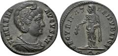 Roman Imperial Coins HELENA (Augusta, 324-328/30). Follis. Rome. Obv: FL HELENA AVGVSTA. Diademed and draped bust right. Rev: SECVRITAS REIPVBLICE / R (wreath) Q. Securitas standing left, holding bran