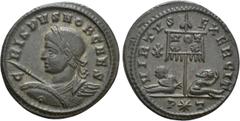 Roman Imperial Coins CRISPUS (Caesar, 316-326). Follis. Ticinum. Obv: CRISPVS NOB CAES. Laureate and cuirassed bust left, with spear and shield. Rev: VIRTVS EXERCIT / P (star) T. Standard inscribed VO