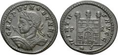 Roman Imperial Coins CRISPUS (Caesar, 316-326). Follis. Rome. Obv: CRISPVS NOB CAES. Laureate and cuirassed bust left, holding shield and spear. Rev: VIRTVS AVGG / P - R / R S. camp-gate with closed d