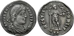 Roman Imperial Coins VALENTINIAN I (364-375). Siliqua. Thessalonica. Obv: D N VALENTINIANVS P F AVG. Diademed, draped and cuirassed bust right. Rev: RESTITVTOR REI P / TES. Valentinian standing left, 
