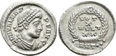 Roman Imperial Coins VALENS (364-378). Siliqua. Antioch. Obv: D N VALENS P F AVG. Diademed, draped and cuirassed bust right. Rev: VOT / X / MVLT / XX / ANT • •. Legend in four lines within wreath. RIC