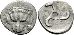 Greek Coins DYNASTS OF LYCIA. Trbbenimi (Circa 390-370 BC). Tetrobol. Uncertain mint. Obv: Facing scalp of lion. Rev: Triskeles within incuse circle. Müseler VIII.25-7; SNG von Aulock 4215. Condition: