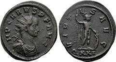 Roman Imperial Coins CARUS (282-283). Antoninianus. Ticinum. Obv: IMP CARVS P F AVG. Radiate, draped and cuirassed bust right. Rev: VIRTVS AVGG / QXXI. Virtus standing right, holding spear and resting