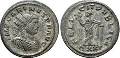 Roman Imperial Coins CARINUS (283-285). Antoninianus. Ticinum. Obv: IMP CARINVS P F AVG. Radiate, draped and cuirassed bust right. Rev: FELICIT PVBLICA / QXXI. Felicitas standing facing, head left, ho