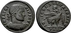 Roman Imperial Coins LICINIUS I (308-324). Follis. Arelate. Obv: IMP LICINIVS AVG. Laureate and cuirassed bust right. Rev: IOVI CONSERVATORI AVG / P ARL. Licinius, with head left and holding sceptre a