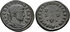 Roman Imperial Coins CRISPUS (Caesar, 316-326). Follis. Siscia. Obv: IVL CRISPVS NOB CAES. Laureate head right. Rev: CAESARVM NOSTRORVM / • ΓSIS •. VOT / I S / • V • in three lines. RIC 142. Rare Cond