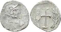 Byzantine Coins MAURICE TIBERIUS (582-602). Half Siliqua(?). Constantinople. Ceremonial coinage. Obv: Helmeted, draped and cuirassed bust right. Rev: Cross potent; palm frond to left and right. Cf. Se