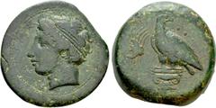 Greek Coins SICILY. Akragas. Ae Hemilitron (Circa 400-380 BC). Obv: AKPAΓAΣ. Horned head of young river god Akragas left, wearing tainia. Rev: Eagle standing left on Ionic capital, head right; crab to