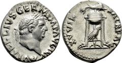 Roman Imperial Coins VITELLIUS (69). Denarius. Rome. Obv: A VITELLIVS GERM IMP AVG TR P. Laureate head right. Rev: XV VIR SACR FAC. Tripod surmounted by dolphin right; below, raven right. RIC² 109. Co