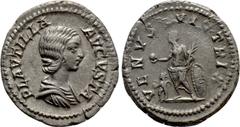 Roman Imperial Coins PLAUTILLA (Augusta, 202-205). Denarius. Rome. Obv: PLAVTILLA AVGVSTA. Draped bust right. Rev: VENVS VICTRIX. Venus standing left, holding apple and palm frond, and resting elbow u