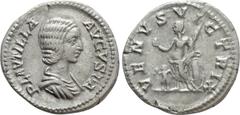 Roman Imperial Coins PLAUTILLA (Augusta, 202-205). Denarius. Rome. Obv: PLAVTILLA AVGVSTA. Draped bust right. Rev: VENVS VICTRIX. Venus standing left, holding apple and palm frond, and resting elbow u