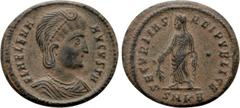 Roman Imperial Coins HELENA (Augusta, 324-328/30). Follis. Cyzicus. Obv: FL HELENA AVGVSTA. Diademed and draped bust right. Rev: SECVRITAS REI PVBLICE / • / SMKB. Securitas standing left, holding bran