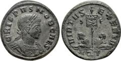 Roman Imperial Coins CRISPUS (Caesar, 316-326). Follis. Aquileia. Obv: CRISPVS NOB CAES. Laureate and cuirassed bust right. Rev: VIRTVS EXERCIT / S - F / AQT. Vexillum inscribed VOT/XX; bound captive 