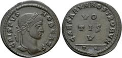Roman Imperial Coins CRISPUS (Caesar, 316-326). Follis. Arelate. Obv: CRISPVS NOB CAES. Laureate head right. Rev: CAESARVM NOSTRORVM / T A. VO / TIS / V in three lines. RIC 220. Condition: Good very f