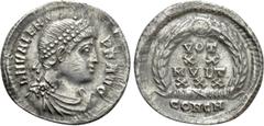 Roman Imperial Coins VALENS (364-378). Siliqua. Constantinople. Obv: D N VALENS P F AVG. Diademed, draped and cuirassed bust right. Rev: VOT / XX / MVLT / XXX / CON C M. Legend in four lines within wr