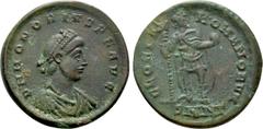 Roman Imperial Coins HONORIUS (393-423). Ae. Nicomedia. Obv: D N HONORIVS P F AVG. Diademed, draped and cuirassed bust right. Rev: GLORIA ROMANORVM / SMNΓ. Honorius standing facing, head right, holdin