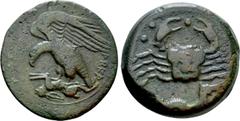 Greek Coins SICILY. Akragas. Ae Hemilitron (Circa 415-406 BC). Obv: AKRA (retrograde). Eagle standing left with dead hare in its talons. Rev: Crab; hippocamb right below; six pellets (mark of value) a