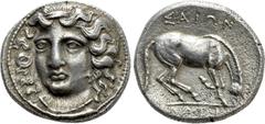 Greek Coins THESSALY. Larissa. Drachm (Circa Mid to late 4th century BC). Obv: Head of the nymph Larissa facing slightly left, with hair in ampyx. Rev: ΛΑΡΙ / ΣAIΩΝ. Horse crouching right, preparing t