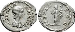 Roman Imperial Coins PLAUTILLA (Augusta, 202-205). Denarius. Rome. Obv: PLAVTILLA AVGVSTA. Draped bust right. Rev: PIETAS AVGG. Pietas standing right, holding sceptre and infant. RIC 367 (Caracalla). 