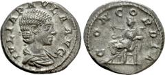 Roman Imperial Coins JULIA PAULA (Augusta, 219-220). Denarius. Rome. Obv: IVLIA PAVLA AVG. Draped bust right. Rev: CONCORDIA. Concordia seated left on throne, holding patera; star to left. RIC 211 (El