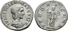 Roman Imperial Coins JULIA SOAEMIAS (Augusta, 218-222). Denarius. Rome. Obv: IVLIA SOAEMIAS AVGVSTA. Draped bust right. Rev: IVNO REGINA. Juno standing right with sceptre and palladium. RIC 237. Ex F.