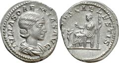 Roman Imperial Coins JULIA SOAEMIAS (Augusta, 218-222). Denarius. Rome. Obv: IVLIA SOAEMIAS AVG. Draped bust right. Rev: VENVS CAELESTIS. Venus seated left on throne, holding apple and sceptre; to lef