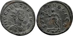 Roman Imperial Coins CARUS (282-283). Antoninianus. Ticinum. Obv: IMP CARVS P F AVG. Radiate and cuirassed bust right. Rev: SPES PVBLICA / SXXI. Spes advancing left, holding flower and raising hem of 