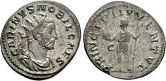 Roman Imperial Coins CARINUS (Caesar, 282-283). Antoninianus. Lugdunum. Obv: CARINVS NOBIL CAES. Radiate, draped and cuirassed bust right. Rev: PRINCIPI IVVENTVT. Carinus standing left, holding globe 