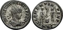 Roman Imperial Coins CARINUS (283-285). Antoninianus. Siscia. Obv: IMP M AVR CARINVS P F AVG. Radiate, draped and cuirassed bust right. Rev: CLEMENTIA TEMP / B / XXI. Emperor standing right, holding s