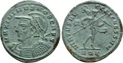 Roman Imperial Coins MAXIMINUS DAIA (Caesar, 305-309). Follis. Aquileia. Obv: MAXIMINVS NOB CAES. Helmeted and cuirassed bust left, holding shield and spear over shoulder. Rev: VIRTVS AVGG ET CAESS NN