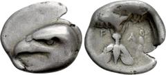 Greek Coins ELIS. Olympia. Hemidrachm (Circa 416-404 BC). Obv: Head of eagle left; leaf below. Rev: F - A. Thunderbolt within wreath. BCD Olympia 79; HGC 5, 430. Condition: Good fine. Weight: 2.71 g. 