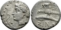 Greek Coins PAPHLAGONIA. Sinope. Drachm (Circa 330-300 BC). Kallia-, magistrate. Obv: Head of nymph left, with hair in sakkos; aphlaston to left. Rev: KAΛ[...] / ΣINΩ. Sea-eagle standing left, with wi