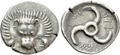Greek Coins DYNASTS OF LYCIA. Trbbenimi (Circa 390-370 BC). Tetrobol. Uncertain mint. Obv: Facing scalp of lion. Rev: Triskeles within incuse circle. Müseler VIII.25-7; SNG von Aulock 4215. Condition: