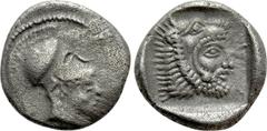 Greek Coins LYCIA. Telmessos. Diobol (Circa 390 BC). Struck under Erbbina or Wekhssere II. Obv: Helmeted head of Athena right. Rev: Head of Herakles right, wearing lion skin headdress, within incuse s
